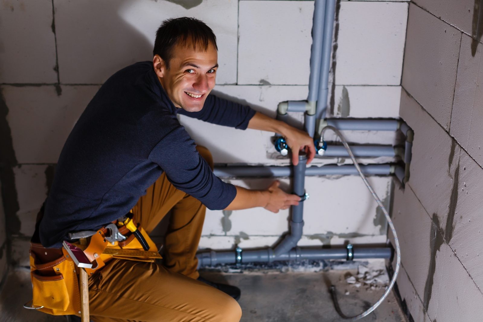 Young Male Plumber makes wiring of sewer pipes
