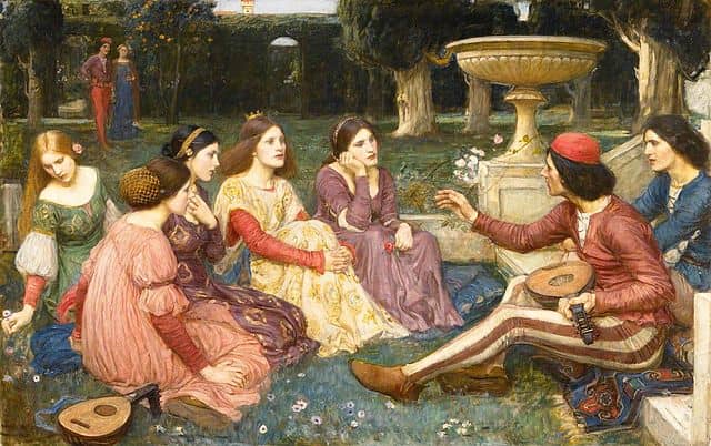 Dekameron -obraz Johna Williama Waterhouse&#8217;a z 1916 roku inspirowany pełnym erotyki zbiorem opowiadań Giovanniego Boccaccia napisanym w XIV wieku/ Źródło: Wikimedia Commons, domena publiczna
