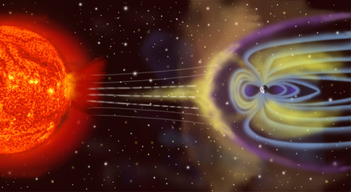Oddziaływanie wiatru słonecznego na ziemskie pole magnetyczne / fot. Wikimedia Commons,  NASA
