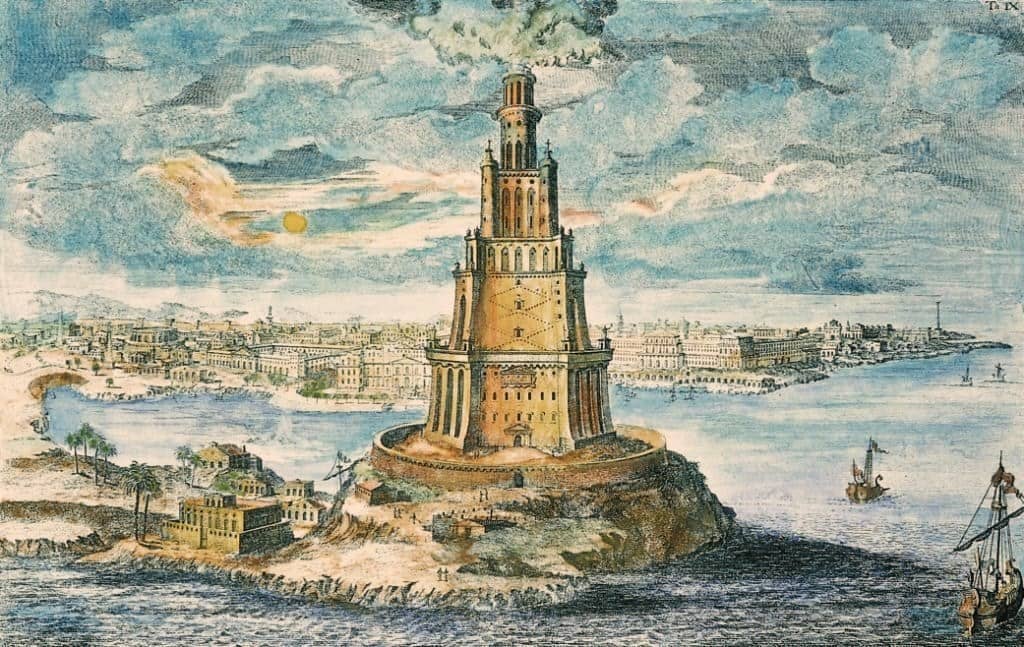 Obraz latarni na Faros z 1721 roku. Autor: Johann Bernhard Fischer von Erlach
