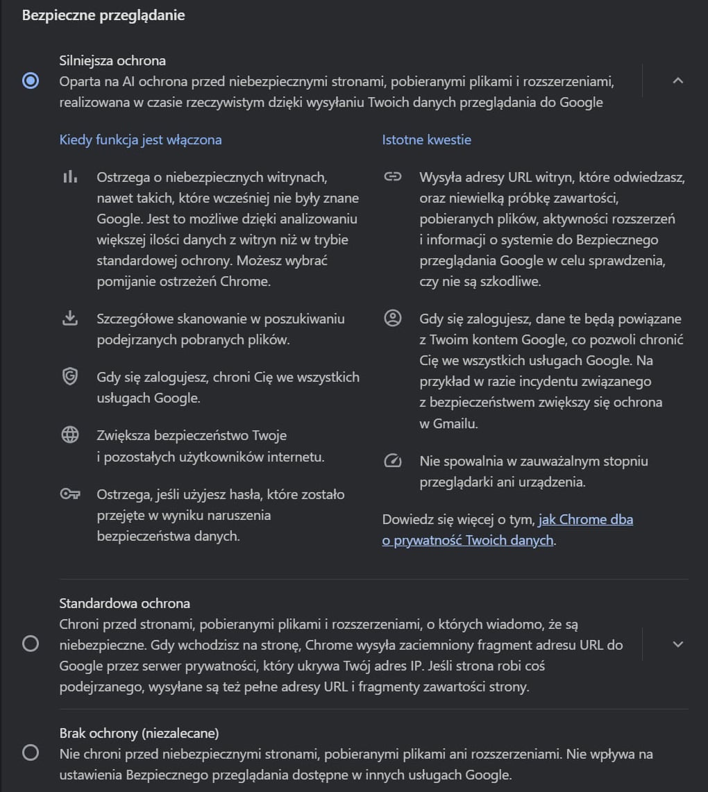 Ustawienia bezpiecznego przeglądania w Google Chrome