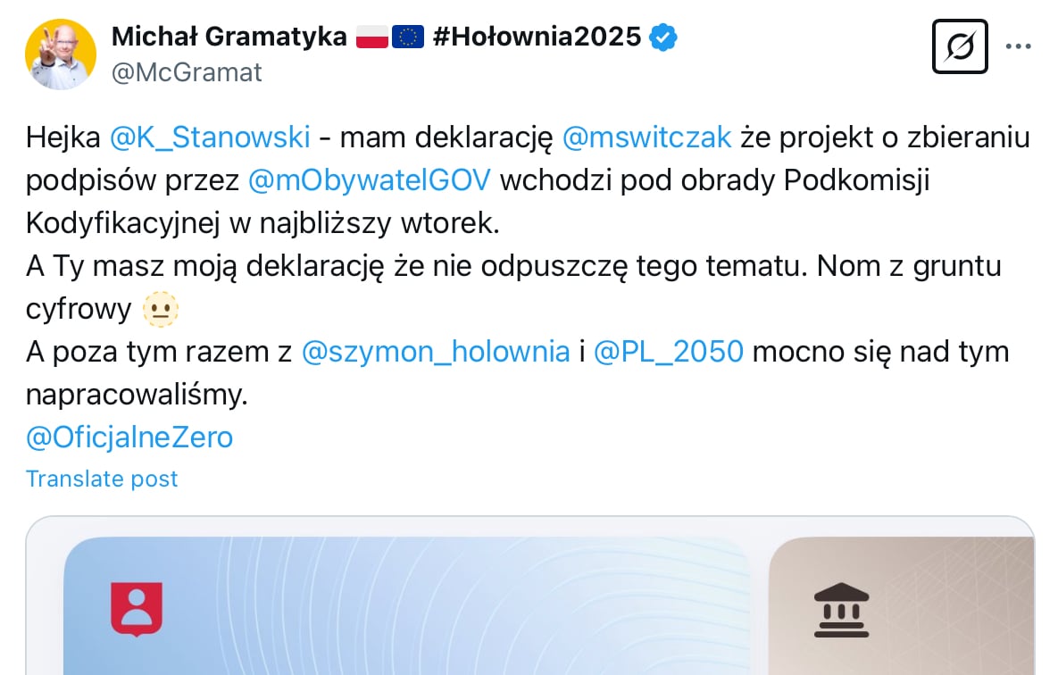 Michał Gramatyka Twitter podpisy poparcia przez internet