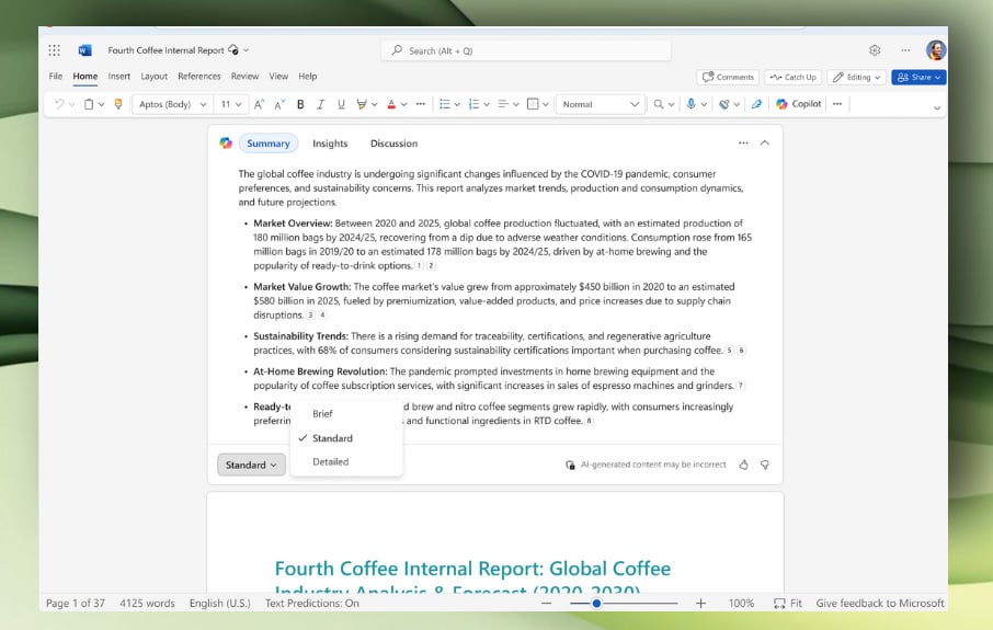 Microsoft 365: Copilot generuje podsumowanie dokumentu Word