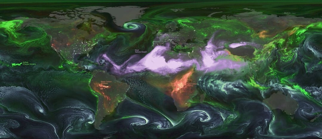 Sahara wysyła pył nad Florydę, a wulkany znaczą niebo zielenią. Nowa mapa NASA pokazuje niewidzialną stronę atmosfery