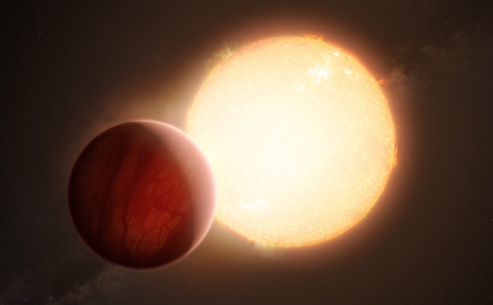 This artist’s impression shows an ultra-hot exoplanet, a planet beyond our Solar System, as it is about to transit in front of its host star. When the light from the star passes through the planet’s atmosphere, it is filtered by the chemical elements and molecules in the gaseous layer. With sensitive instruments, the signatures of those elements and molecules can be observed from Earth. Using the ESPRESSO instrument of ESO’s Very Large Telescope, astronomers have found the heaviest element yet in an exoplanet’s atmosphere, barium, in the two ultra-hot Jupiters WASP-76 b and WASP-121 b.
