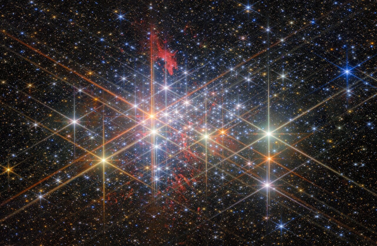 The open cluster Westerlund 1, showcased in this new Webb Picture of the Month, is located roughly 12 000 light-years away in the southern constellation Ara (the Altar) where it resides behind a huge interstellar cloud of gas and dust. It was discovered in 1961 from Australia by Swedish astronomer Bengt Westerlund. Westerlund 1 is an incomparable natural laboratory for the study of extreme stellar physics, helping astronomers to find out how the most massive stars in our Galaxy live and die. The unique draw of Westerlund 1 is its large, dense, and diverse population of massive stars, which has no counterpart in other known Milky Way galaxy clusters in terms of the number of stars and the richness of spectral types and evolutionary phases. All stars identified in this cluster are evolved and very massive, spanning the full range of stellar classifications including Wolf-Rayet stars, OB supergiants, yellow hypergiants (nearly as bright as a million Suns) and luminous blue variables. Because such stars have a rather short life, Westerlund 1 is very young, astronomically speaking. Astronomers estimate the cluster’s age to be somewhere between 3.5 and 5 million years (its exact age is still a matter of debate), making it a newborn cluster in our galaxy. In the future, it is believed that it will likely evolve from an open cluster into a globular cluster. These are roughly spherical, tightly packed collections of old stars bound together by gravity. Currently, only a handful of stars form in our galaxy each year, but in the past the situation was different. The Milky Way galaxy used to produce many more stars, likely hitting its peak of churning out dozens or hundreds of stars per year about 10 billion years ago and then gradually declining ever since. Astronomers think that most of this star formation took place in massive clusters of stars, known as “super star clusters”. These are young clusters of stars that contain more than 10,000 times the mass of the Sun, pa
