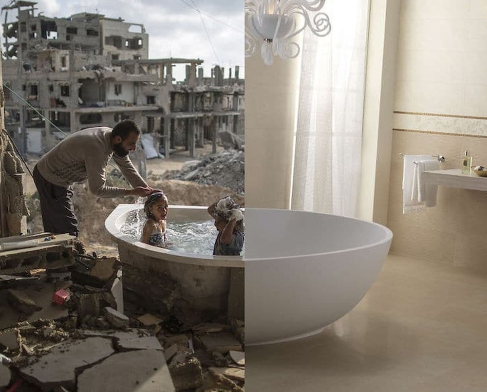 Te kolaże otwierają oczy. Oto kontrast między konsumpcyjnym Zachodem a ogarniętym wojną Bliskim Wschodem