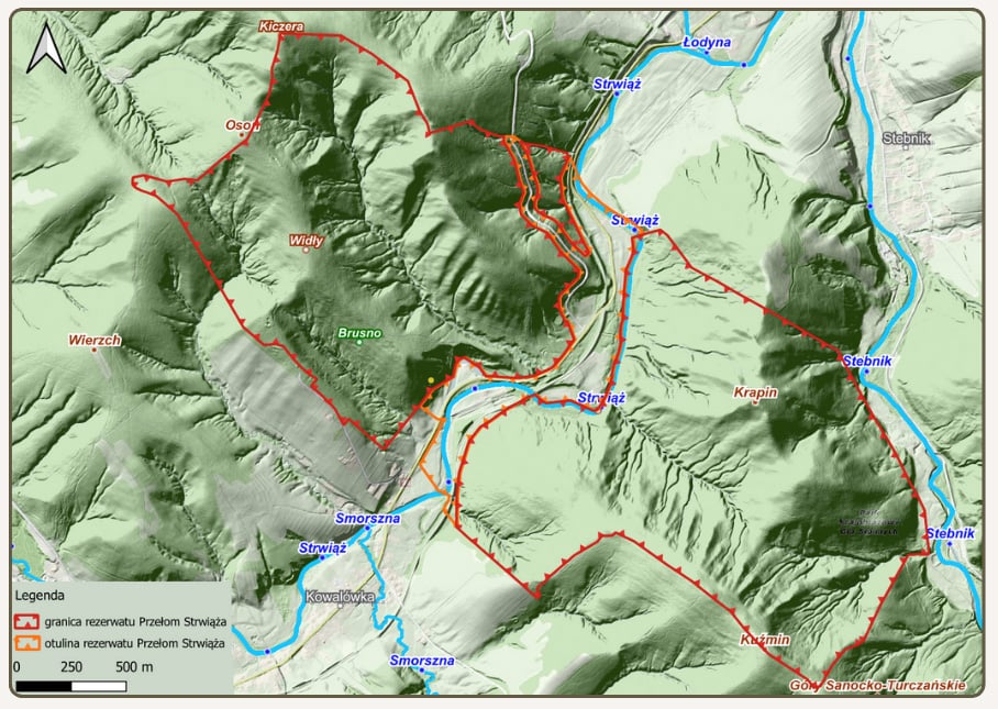 rezerwat przyrody przełom strwiąża na mapie