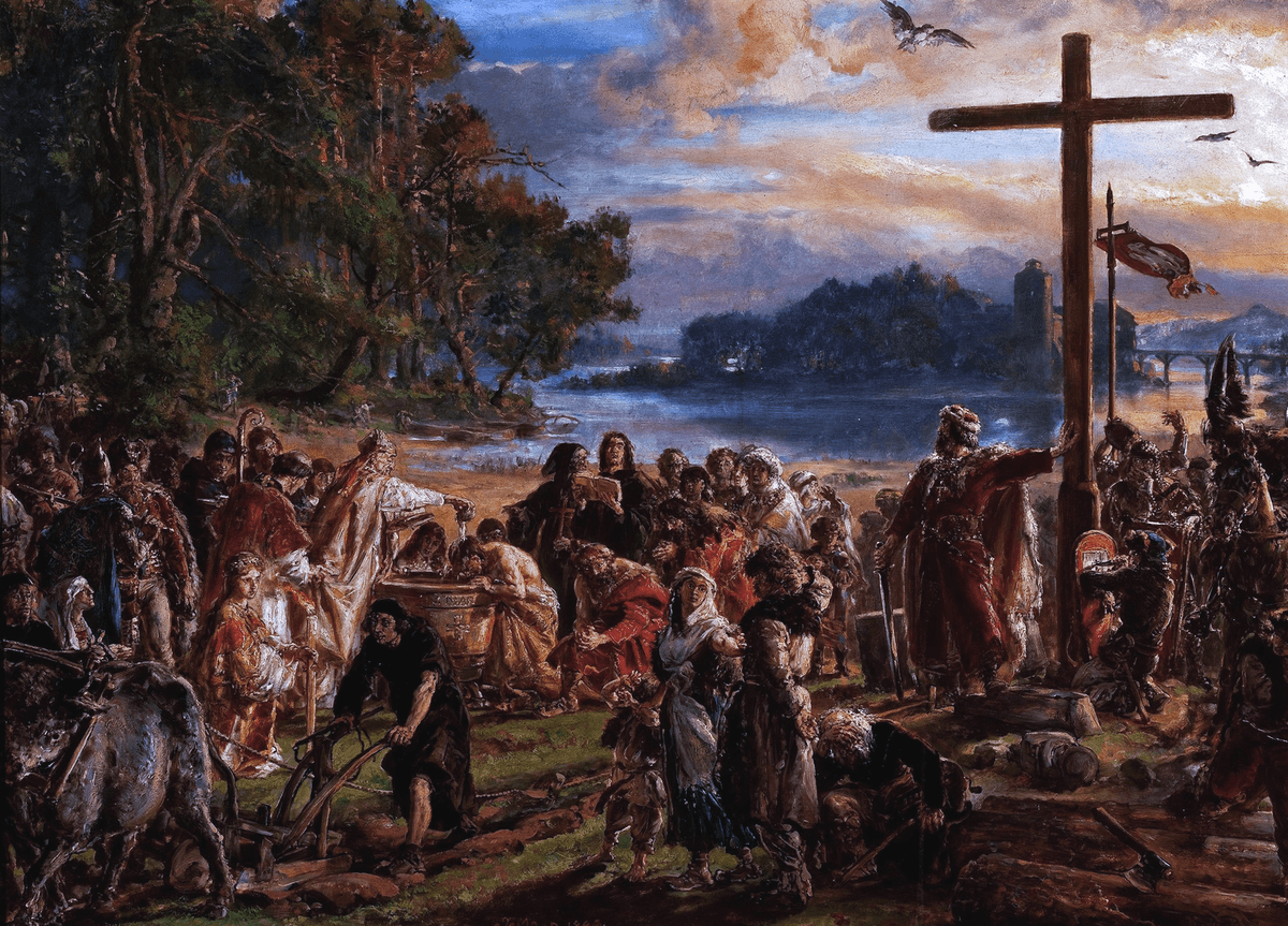 Zaprowadzenie chrześcijaństwa R.P. 965, obraz Jana Matejki z cyklu Dzieje cywilizacji w Polsce (1889)
