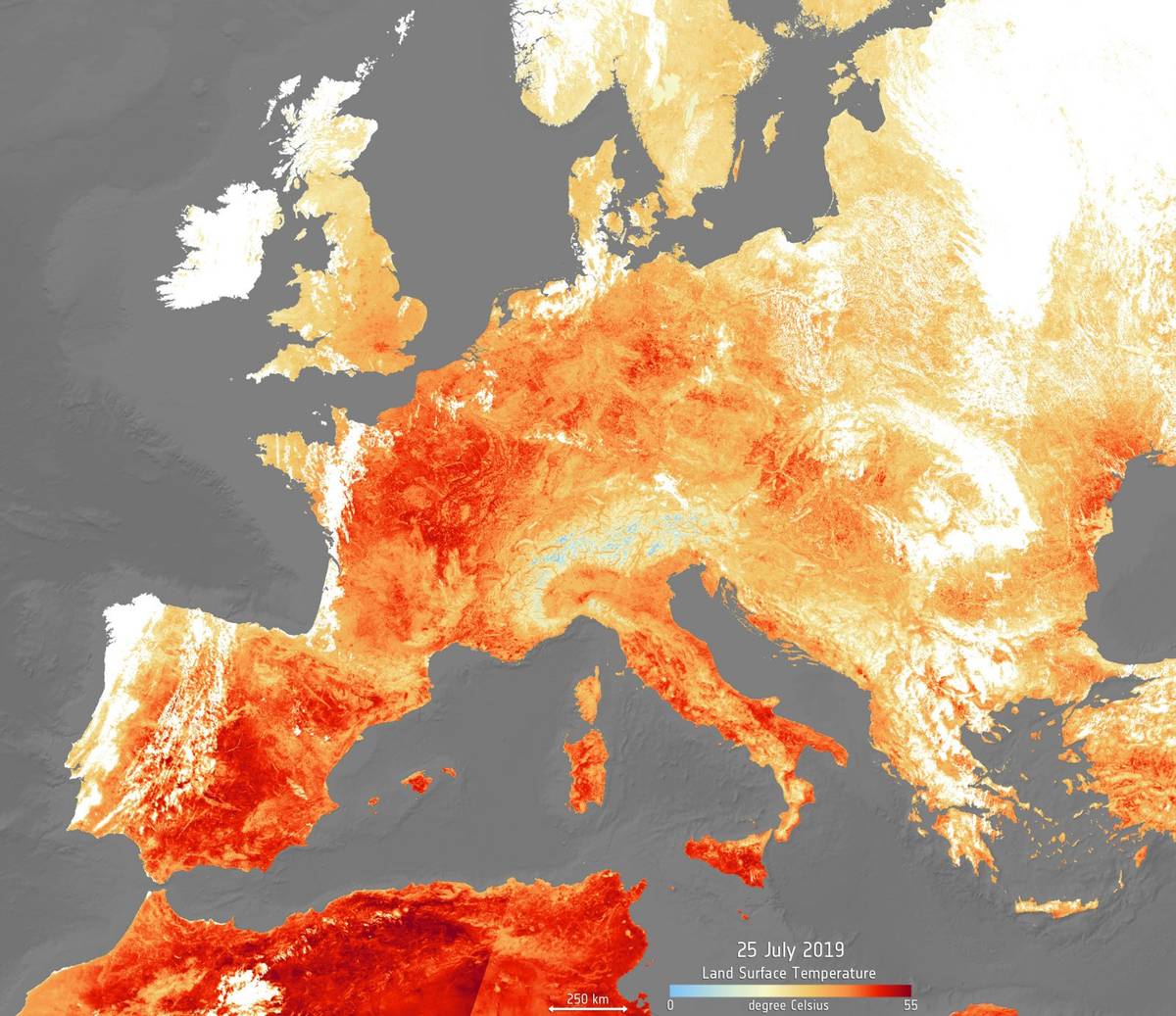 Mapa upałów w 2019 roku / źródło: ESA, CC BY-SA IGO 3.0
