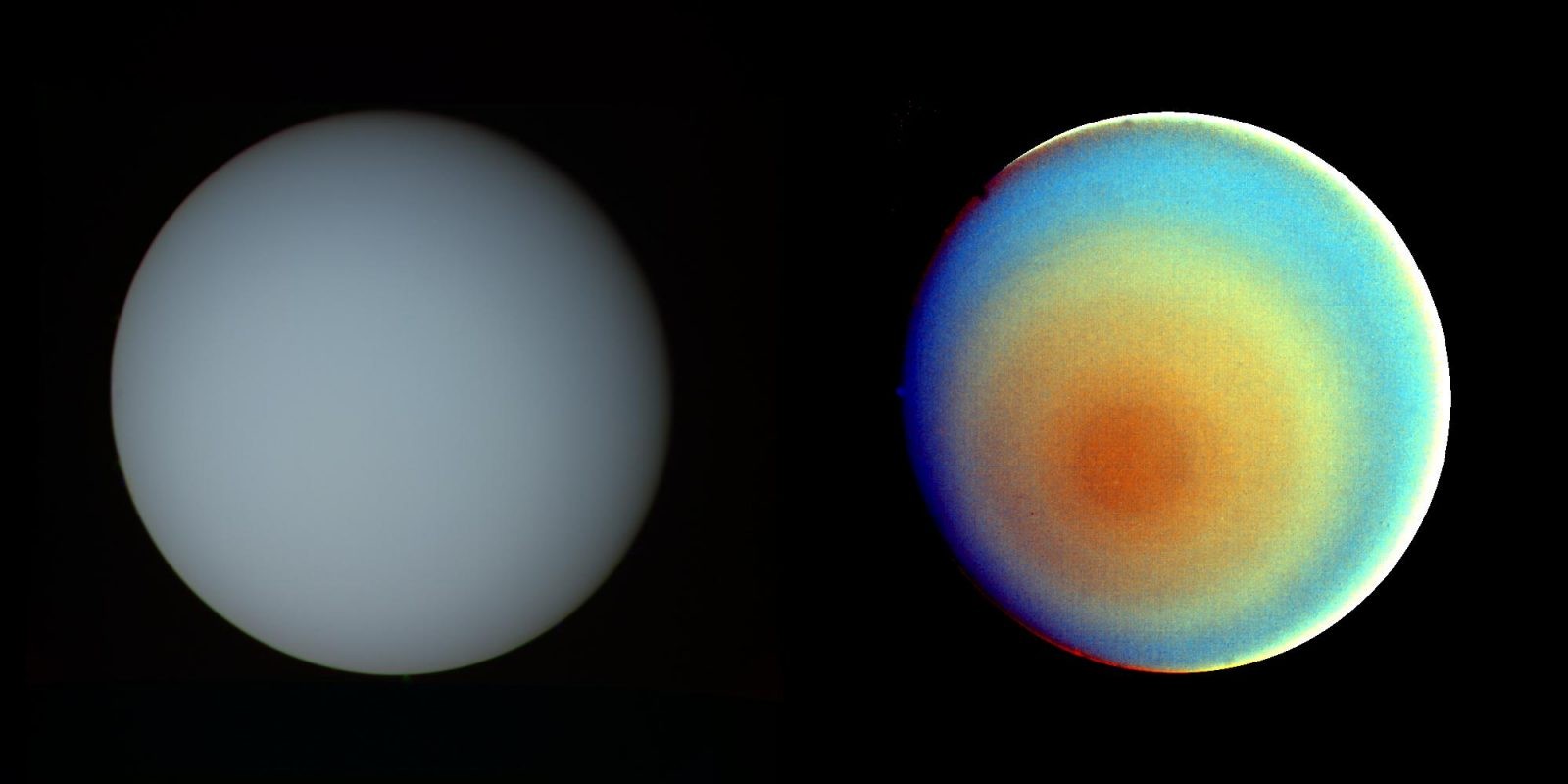 Uran w prawdziwych (lewo) i fałszywych barwach / źródło: NASA, domena publiczna
