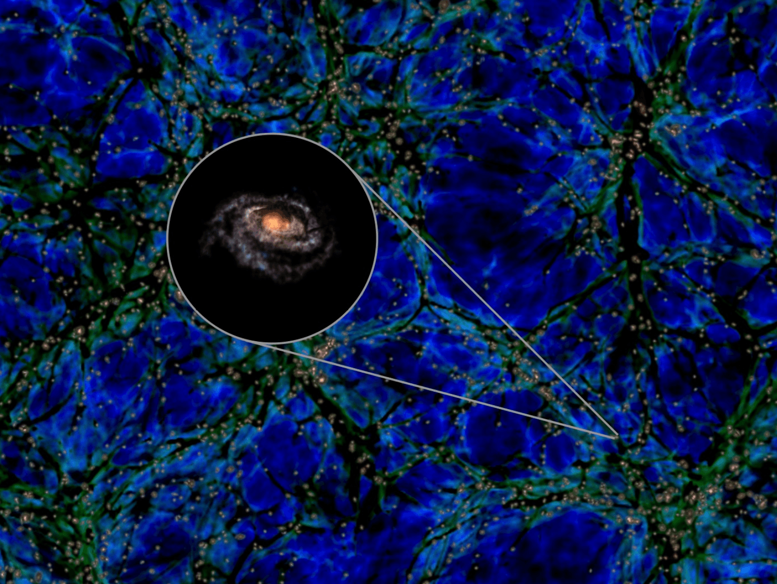 Droga Mleczna zbyt masywna dla swojej ściany. Obraz w tle pokazuje rozkład ciemnej materii (zielony i niebieski) oraz galaktyk (maleńkie żółte kropki) w cienkim wycinku objętości sześciennej, w której spodziewamy się znaleźć jedną z takich rzadkich masywnych galaktyk /Fot. IllustrisTNG
