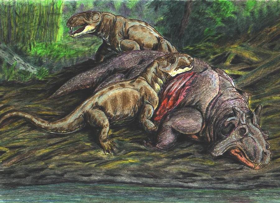 Przykładowy dinocefal atakujący gada / źródło: Dmitry Bogdanov, Wikimedia Commons, CC-BY-2.5
