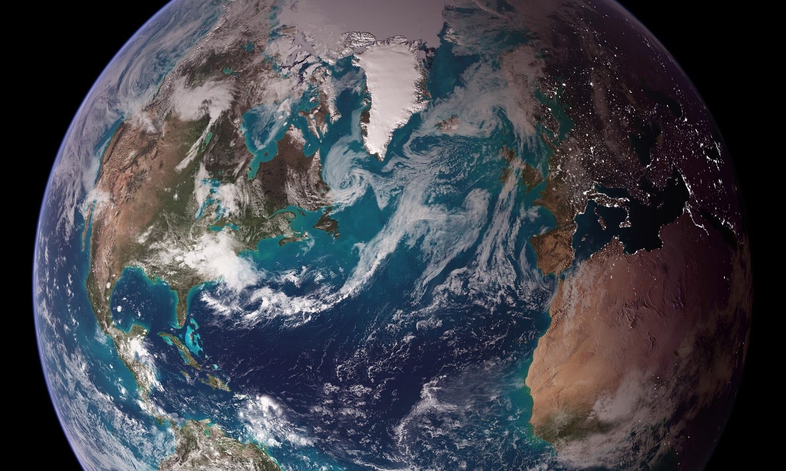 Mozaika zdjęć półkuli zachodniej, przedstawiająca północny Atlantyk i część południowego / źródło: NASA, domena publiczna